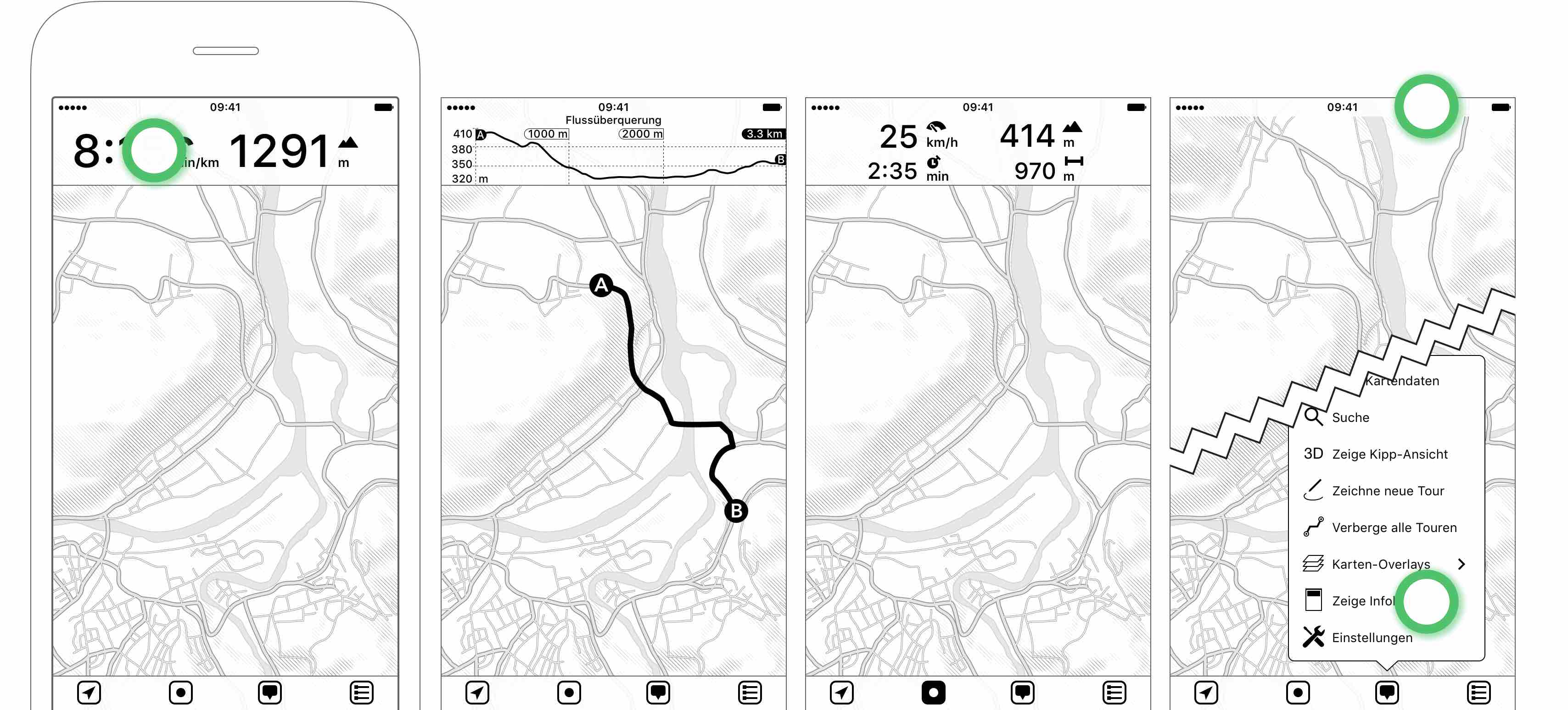 Abbildung 2.2: Umschalten zwischen Geschwindigkeit und Tempo durch Antippen der Geschwindigkeitsanzeige — Tippen auf eine Tour zeigt ein Höhenprofil in der Infoleiste an — Während einer Aufnahme zeigt die Infoleiste zusätzliche Informationen — Die Infoleiste kann ausgeblendet werden indem man auf die Statusleiste tippt oder auf “Zeige/Verberge Infoleiste” im Menü tippt