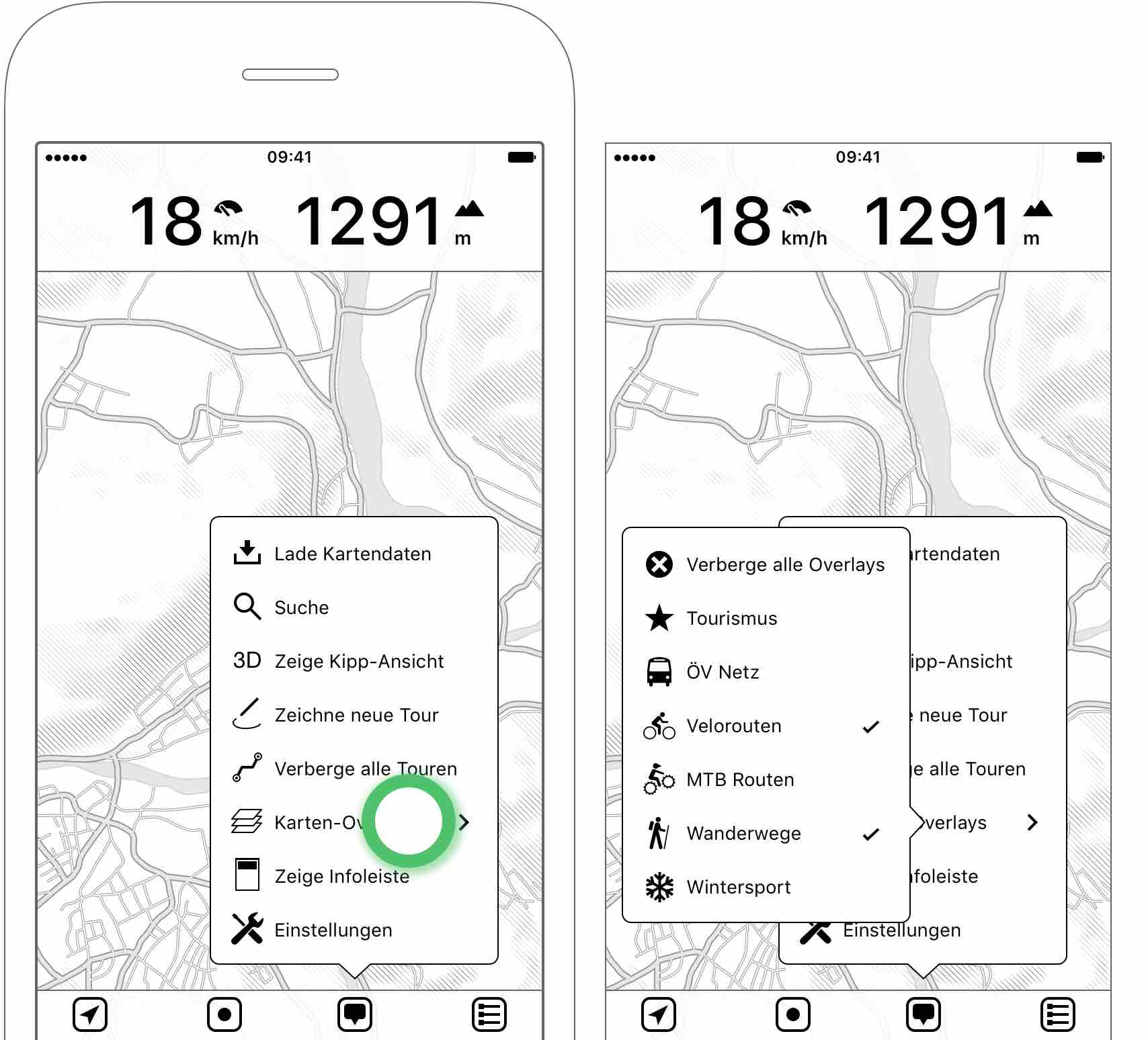 Abbildung 2.19: Karten-Overlays öffnet Untermenü — Mehrere Overlays können aktiviert oder deaktiviert werden