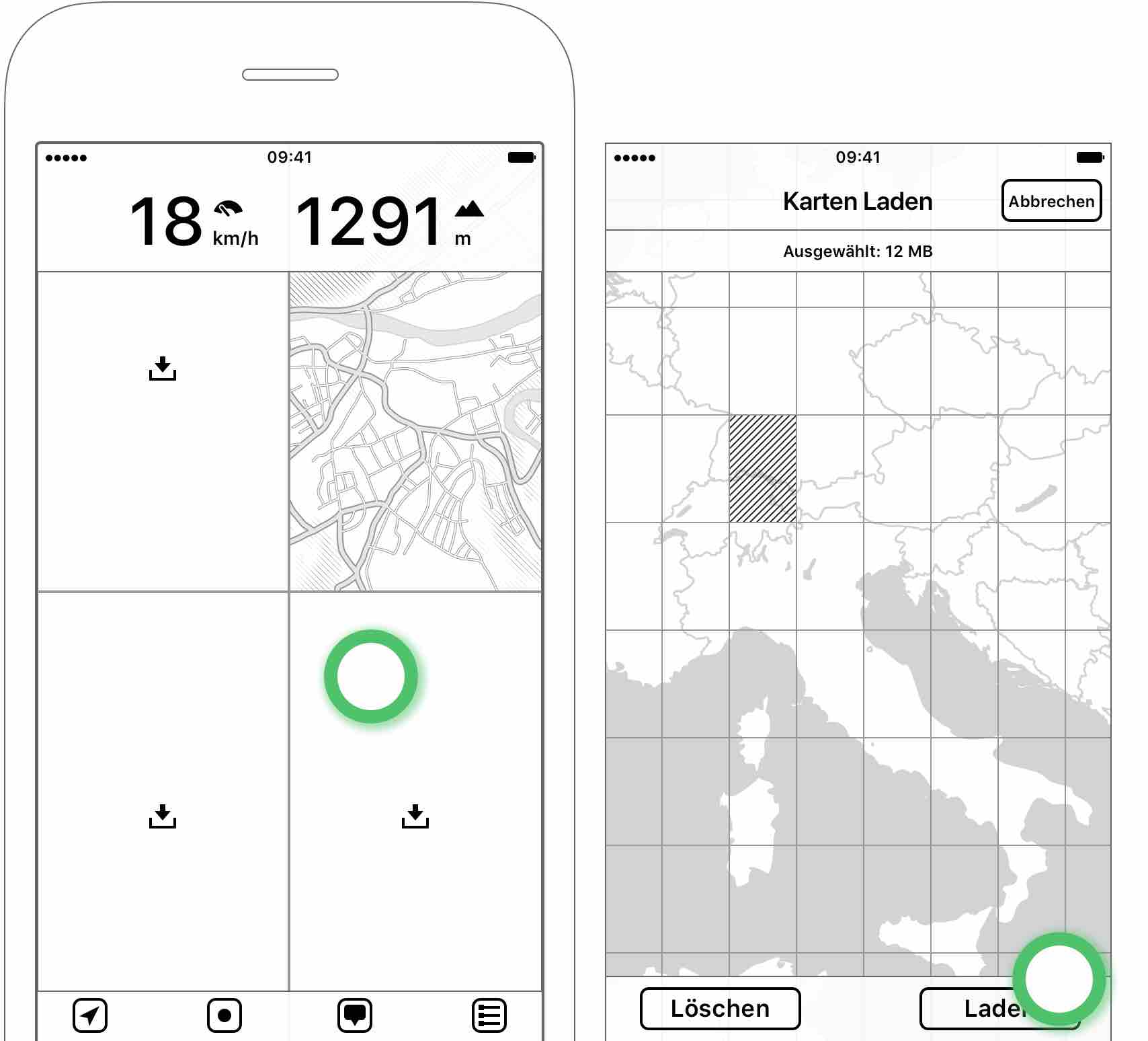 Abbildung 2.9: Tippe auf einen leeren Kartenbereich — Öffnet den Bildschirm “Karten Laden”