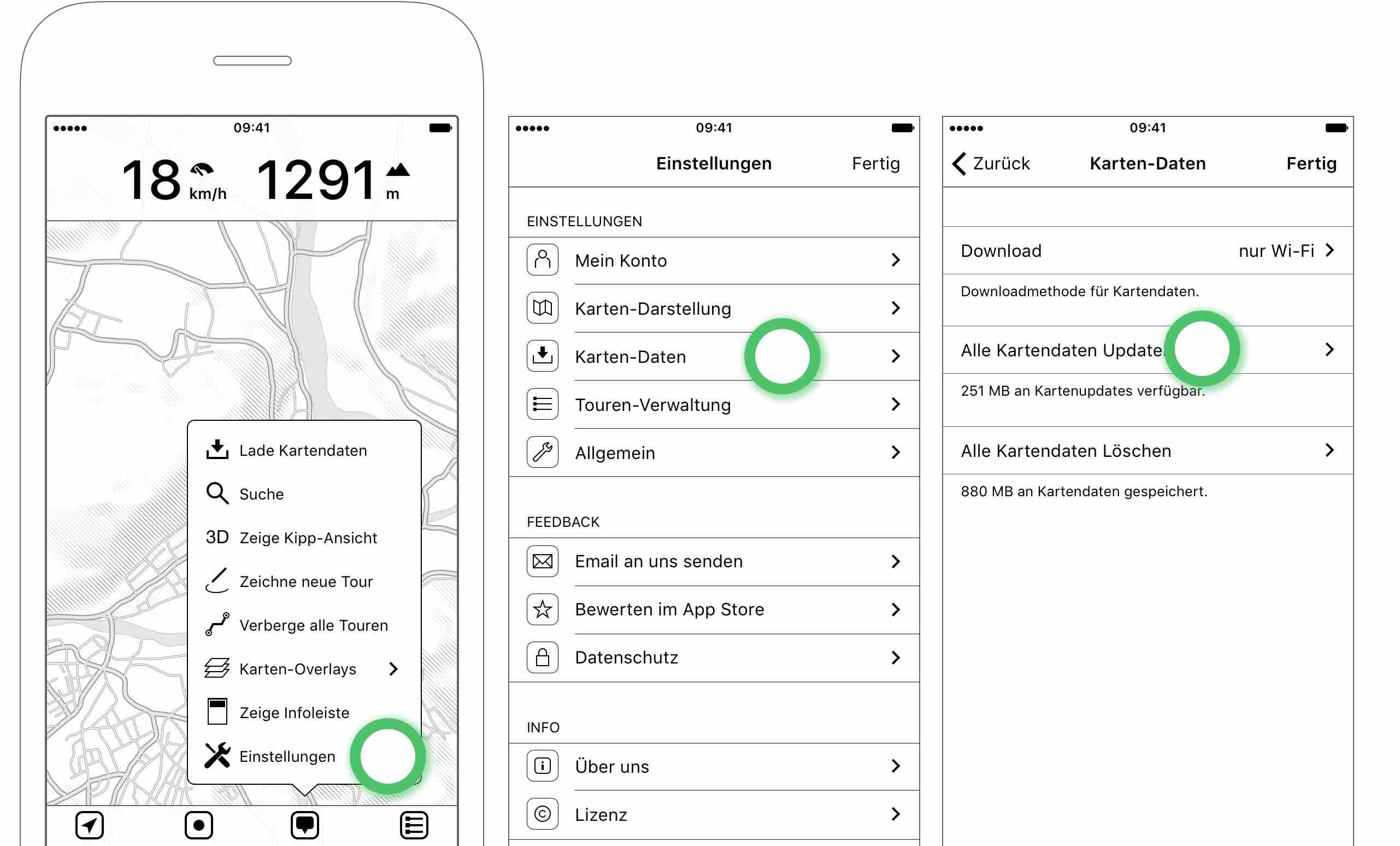 Abbildung 2.10: Um alle zuvor heruntergeladenen Kartendaten zu aktualisieren, tippe auf “Alle Kartendaten Updaten”.