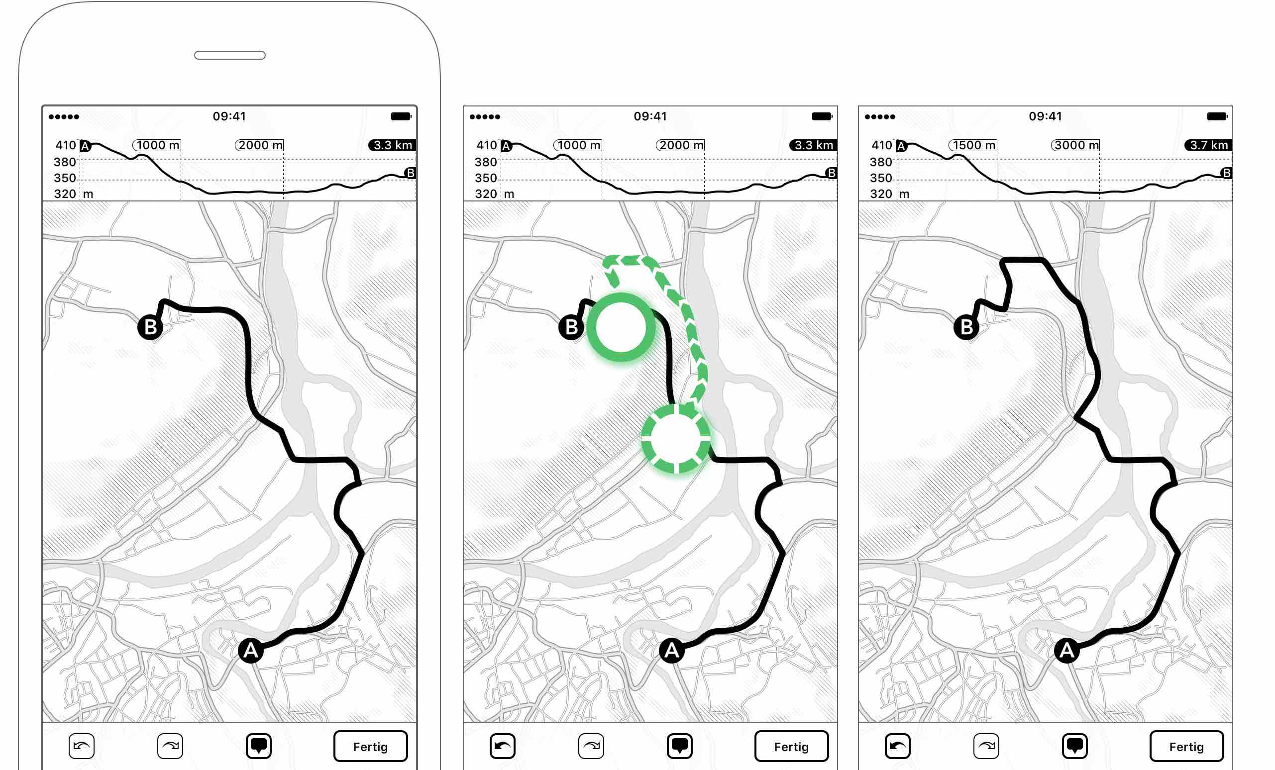 Abbildung 2.15: Eine Tour neu zeichnen — Tippe auf einen Punkt der Tour und ziehe ihn entlang einer Strasse. Stelle sicher, dass Du die Schleife zur Tour wieder schliesst — Neugezeichnete Tour