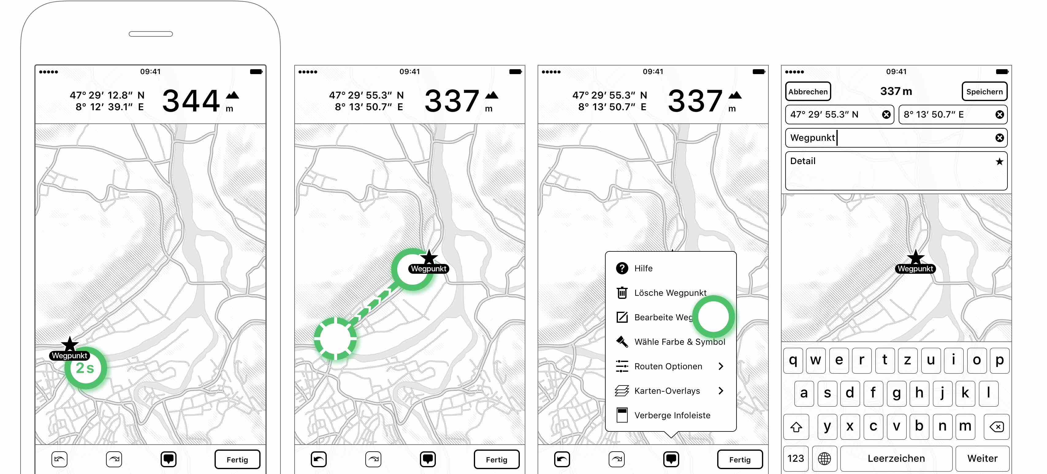 Abbildung 2.17: Hinzufügen eines neuen Wegpunktes durch längeres Antippen > 2 Sek. — Verschiebe den Wegpunkt durch Ziehen über die Karte — Ändern des Namens oder Details des Wegpunktes — Eingeben der exakten Koordinaten oder Titel- und Detailinformationen