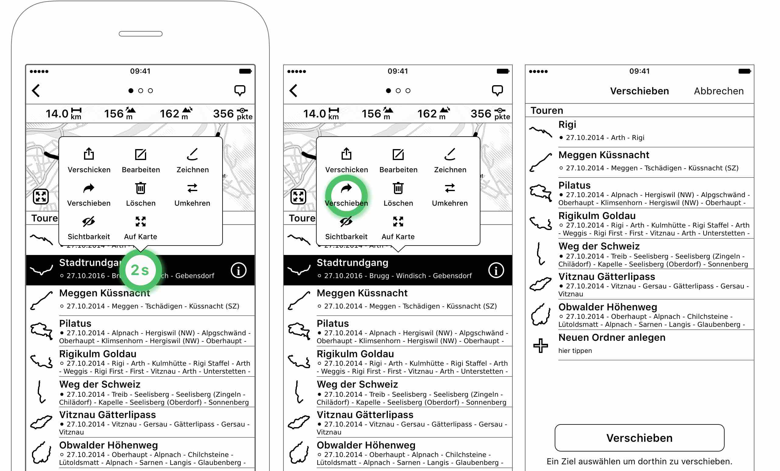 Abbildung 3.8: Eine Tour verschieben, mit einer anderen Tour verschmelzen oder in einen neuen Ordner verschieben