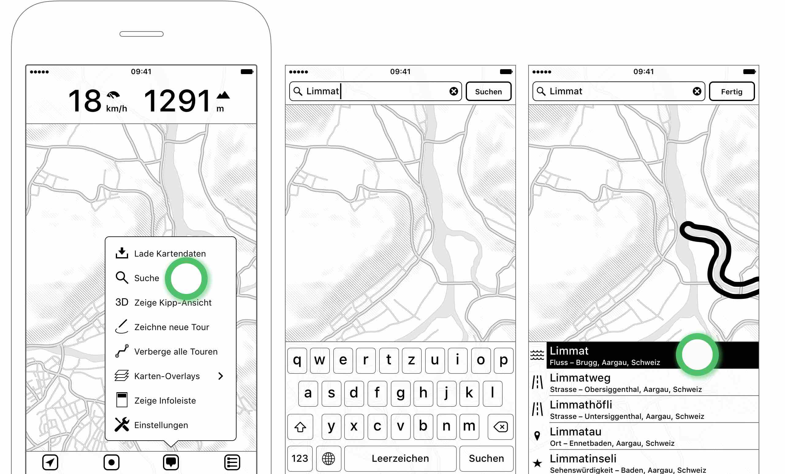 Abbildung 2.11: Suche — Gib Deinen Suchbegriff ein und drücke “Suchen” — Suchergebnisse werden in der Liste angezeigt und auf der Karte hervorgehoben